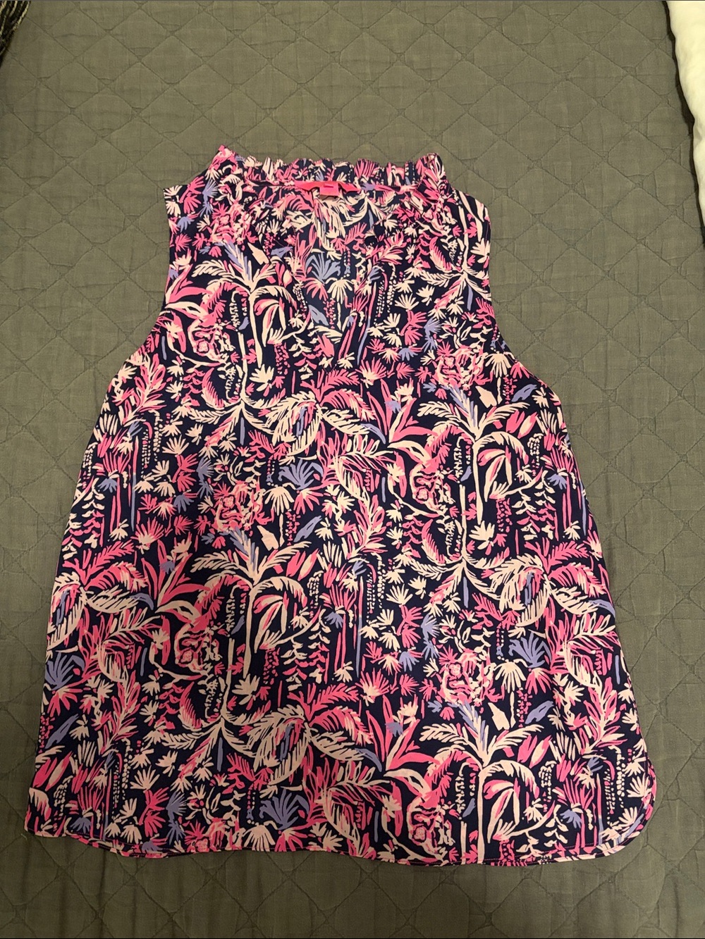 Lilly Pulitzer Navy Floral Ruffled Neck Sleeveless Top with Pink Accents